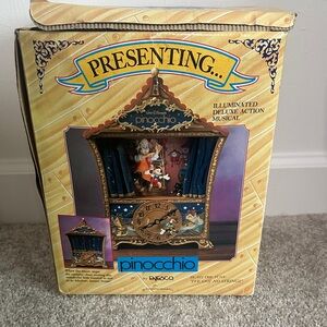 Antique Enesco Pinocchio Illuminated Deluxe Action Musical Clock READ Below